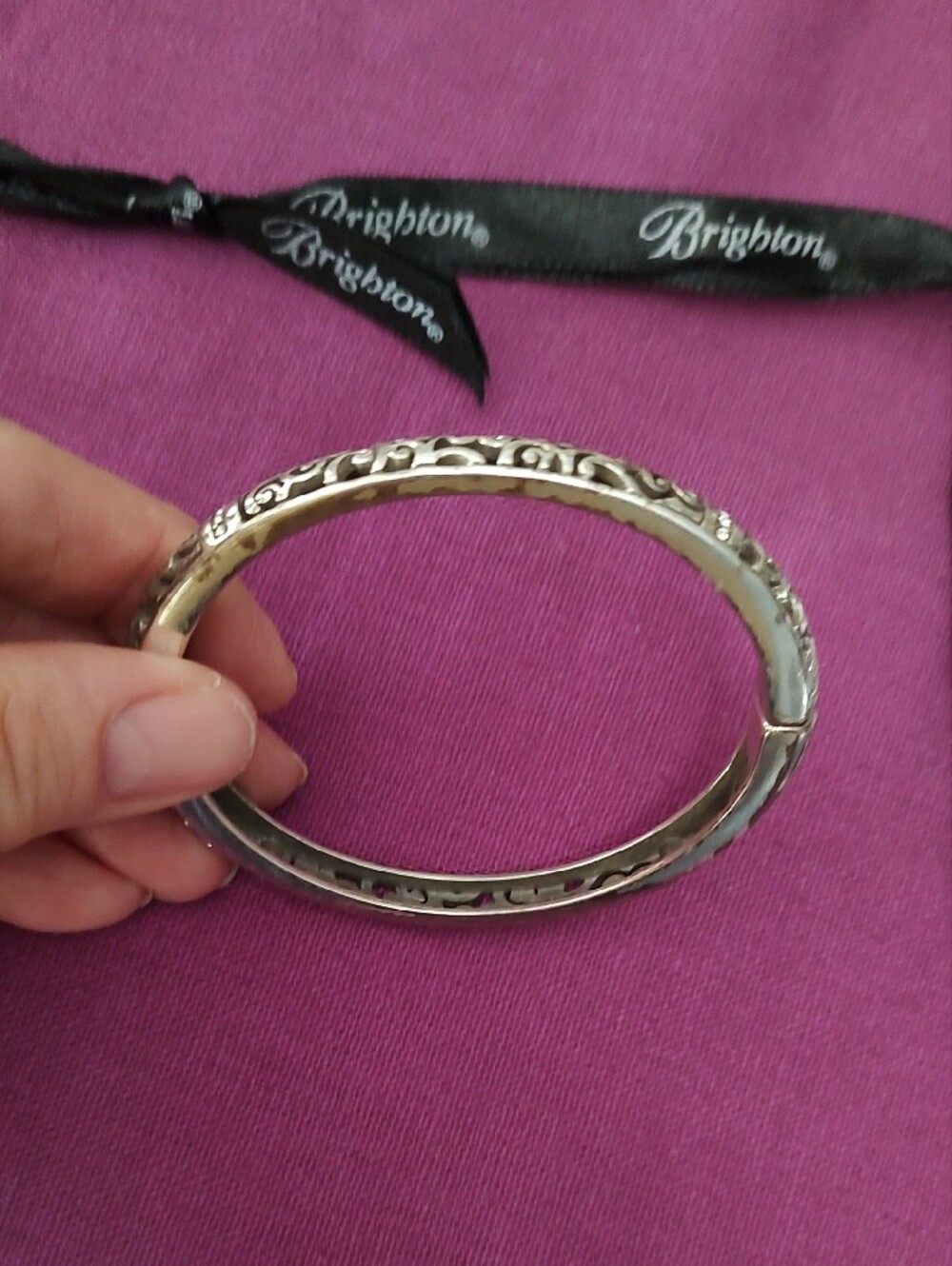 Brighton Silver Filigree Hinged Bangle Bracelet - Pink Background - Picture 3 of 6